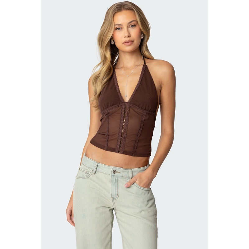 Lucie Lacey Mesh Halter Top BROWN XS