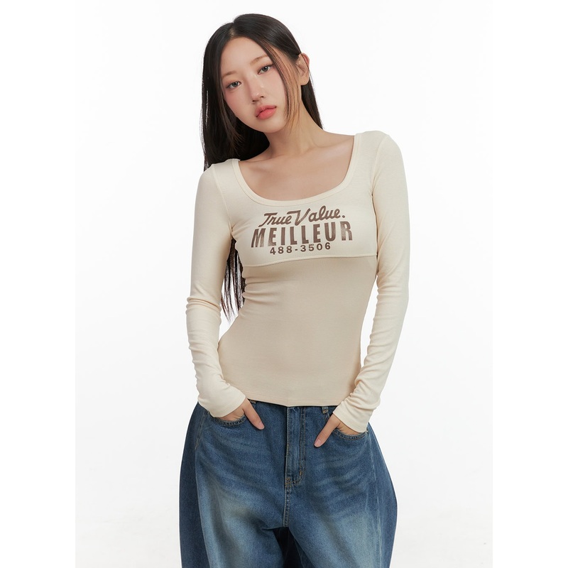 Mixed Color U-Neck Letter Print Slim Tee CO404 Beige S/M