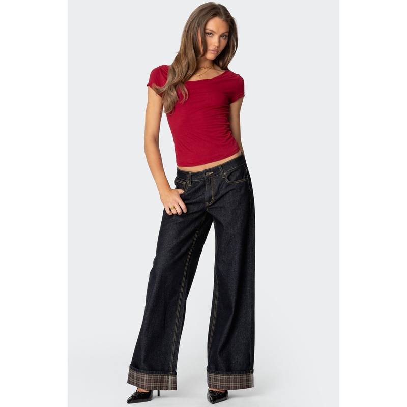 Plaid Cuffed Low Rise Jeans BLUE XS