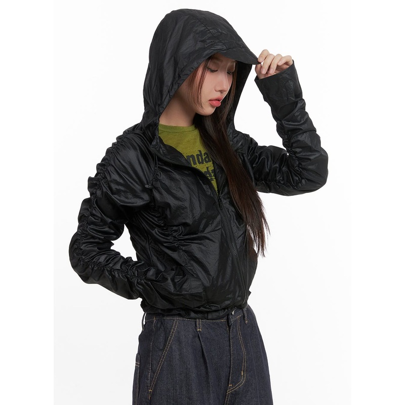 Shirred Hooded Nylon Crop Jacket CO402 Black S/M