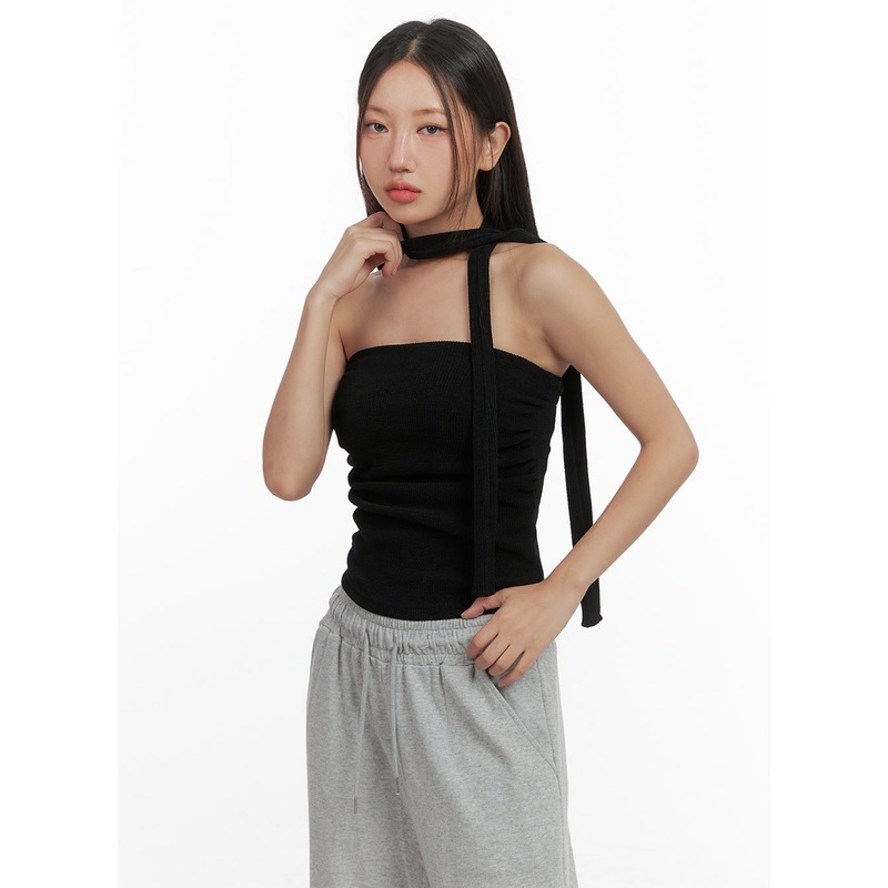 Shirred Solid Tube Crop Top and Scarf Set CO404 Black S/M