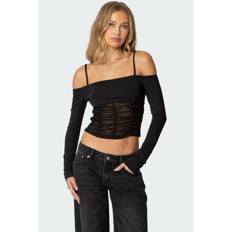 Susie Off Shoulder Mesh Top BLACK XS