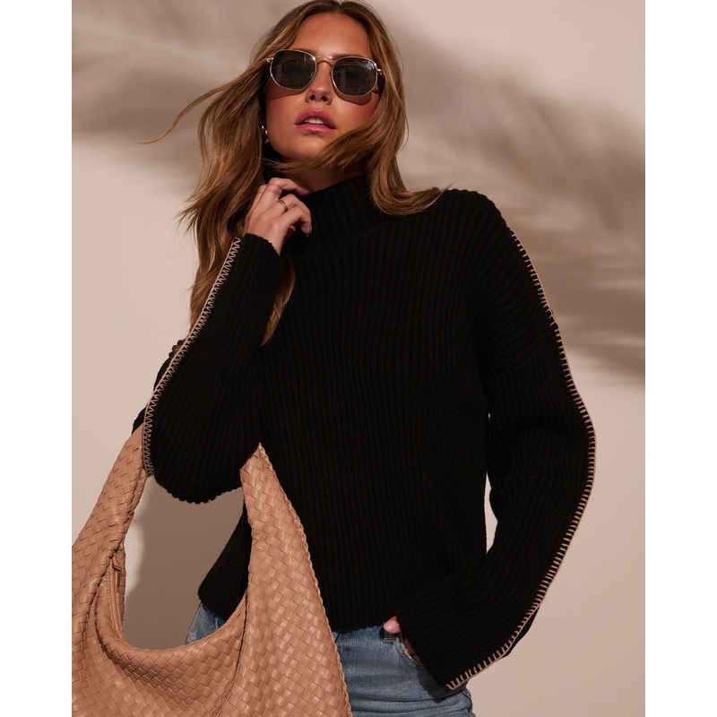 Anita Contrast Stitch Mock Neck Sweater Black XS