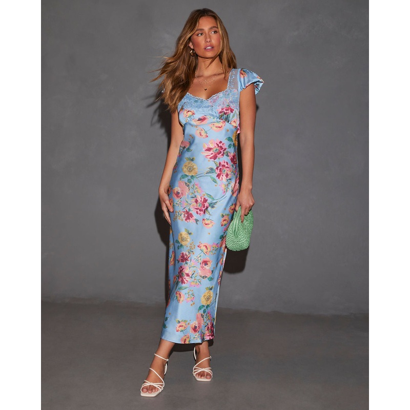 Bianca Flutter Sleeve Lace Trim Maxi Dress Blue Floral XS