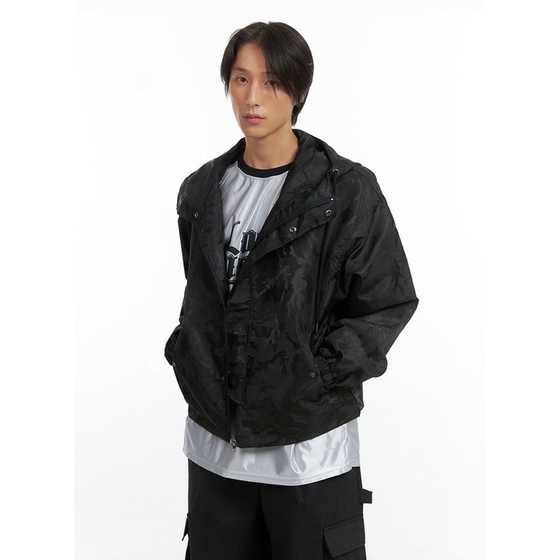 Men’s Camo Zip-Up Hooded Jacket IO402 Black M/L