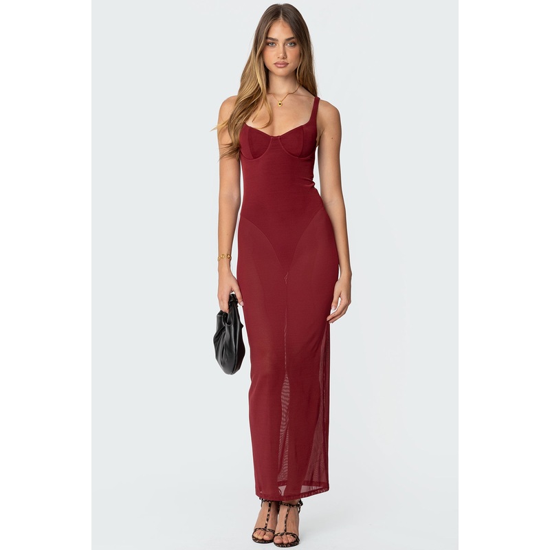 Mesh Built In Bodysuit Maxi Dress BURGUNDY XS