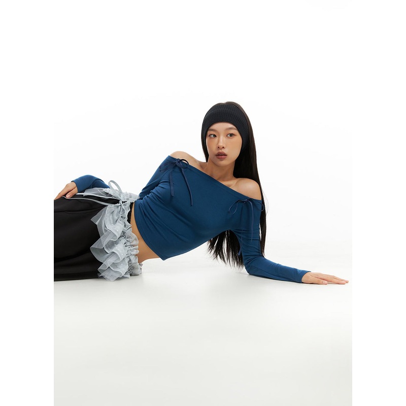 Ribbon Off Shoulder Top IO409 Dark blue S/M