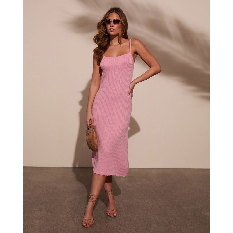 Soft Drift Ribbed Knit Midi Dress Light Pink S