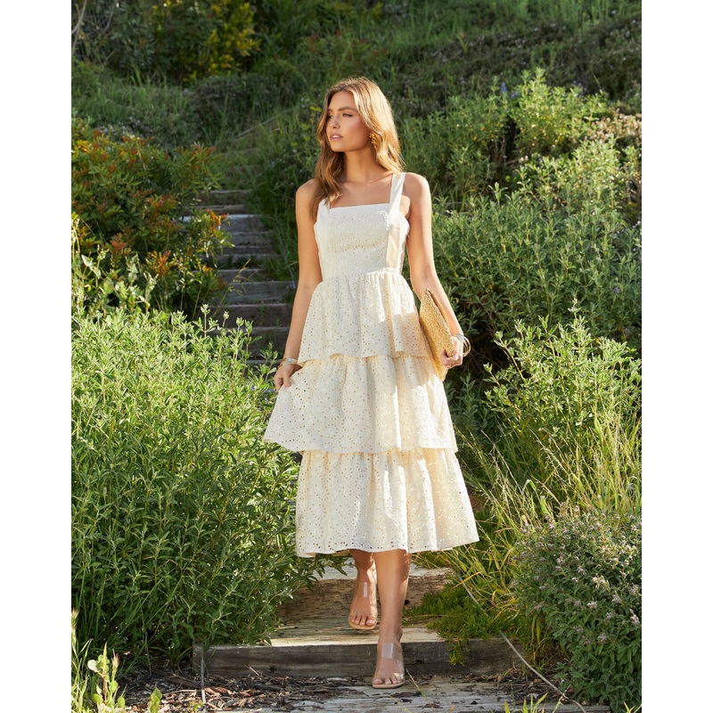 Sparrow Cotton Eyelet Tiered Midi Dress Natural/White XS