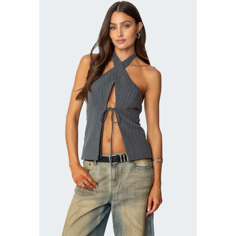 Split Front Pinstripe Halter Top GRAY XS