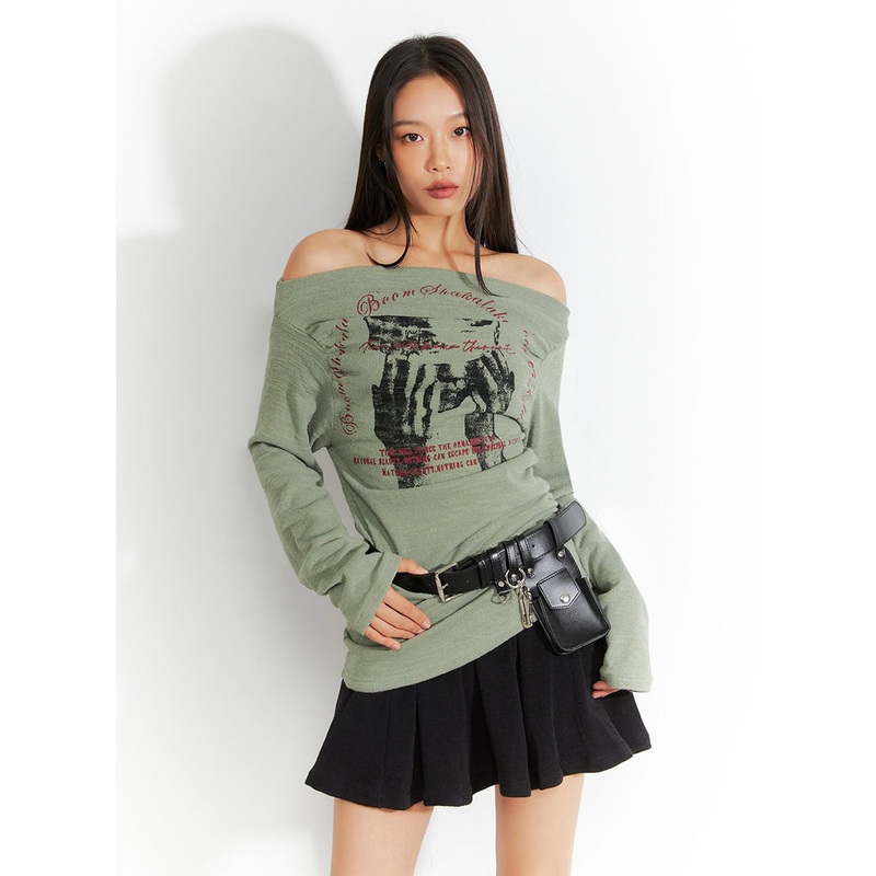 Trendy Off Shoulder Graphic Print Top IO409 Dark green S/M