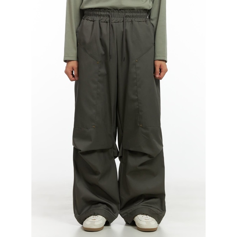 Wide-Fit Pintuck Cotton Pants CO410 Dark green M/L