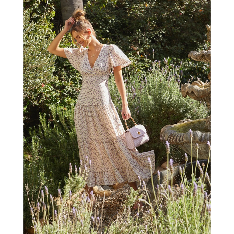 Ashlyn V-Neck Tiered Maxi Dress Lavender XS