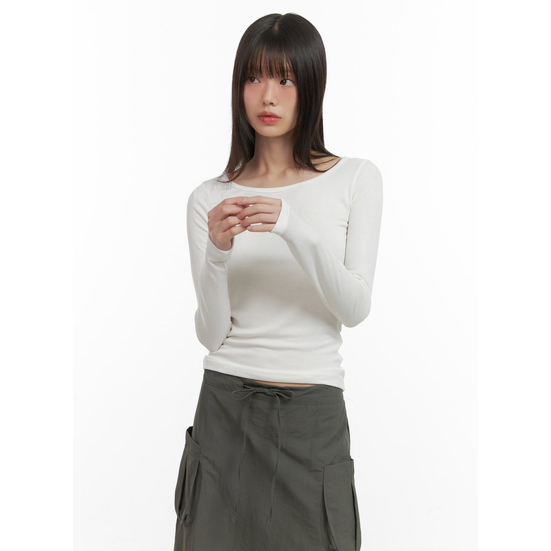 Basic U-Neck Long Sleeve Top CO410 Light beige S/M