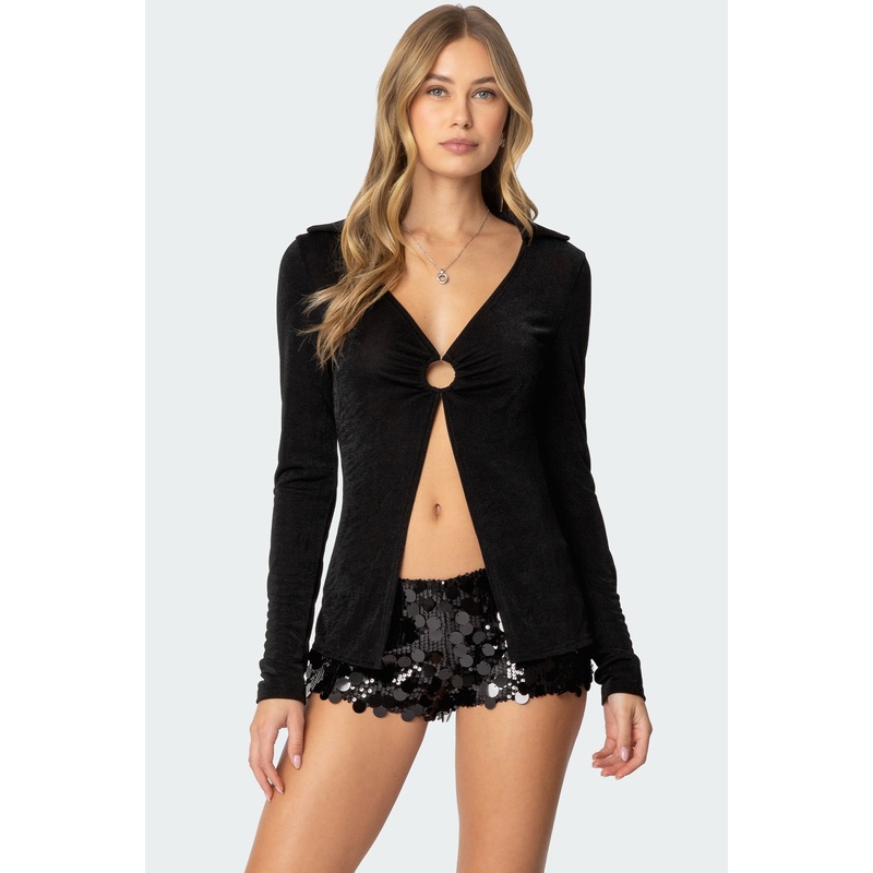 Daria Split Front Long Sleeve Top BLACK XS