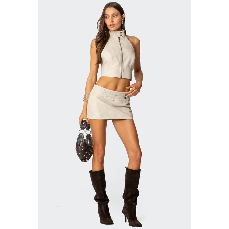 Karly Faux Leather Mini Skort BEIGE XS