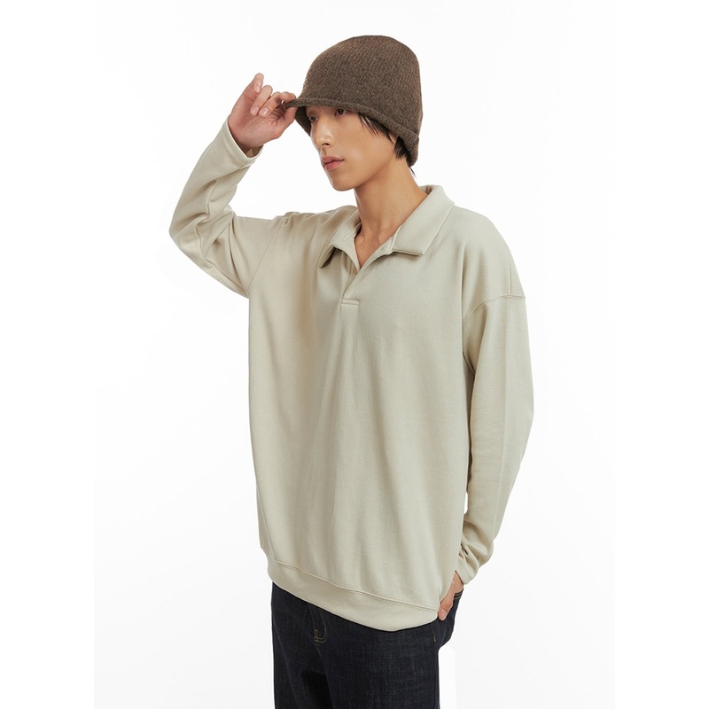 Men’s Buttoned Collar Shirt (Light beige) IO417 Light beige M/L