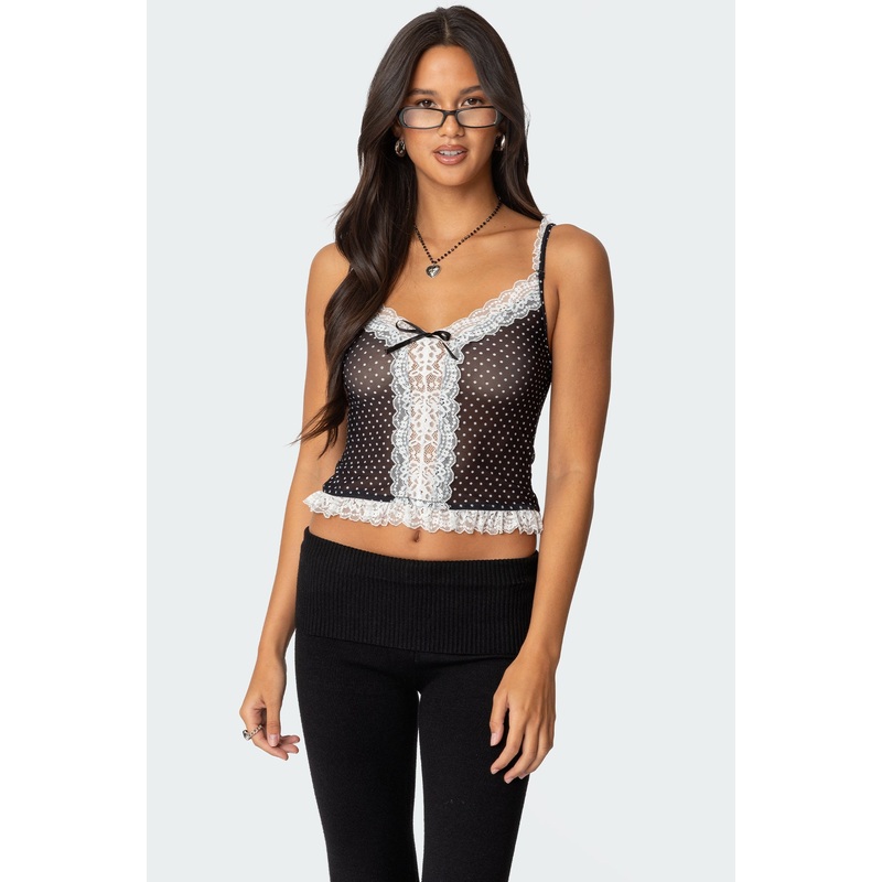 Polka Dot Sheer Mesh Tank Top BLACK AND WHITE XS