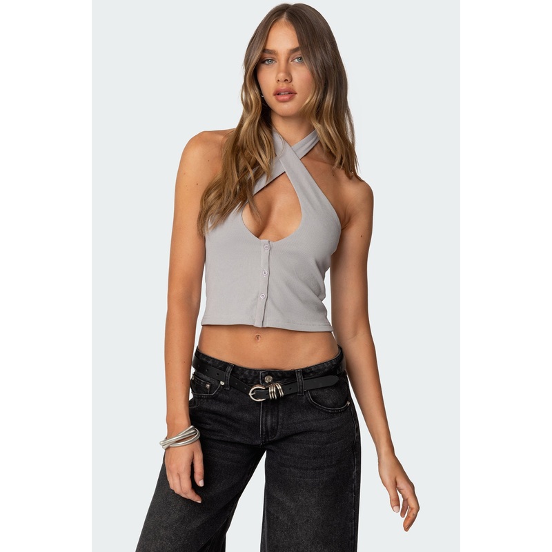 Reissa Criss Cross Halter Top GRAY XS