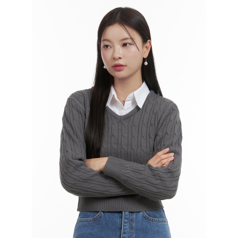 Slim V-Neck Cable Knit Sweater OO416 Dark gray S/M
