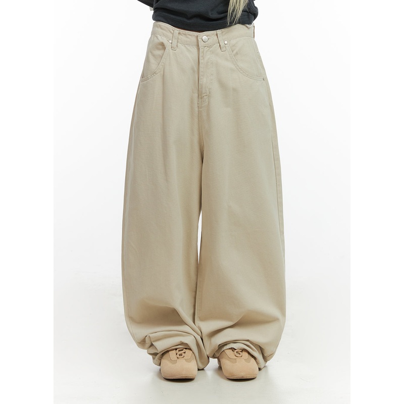 Solid Cotton Wide-Leg Pants CO415 Light beige S
