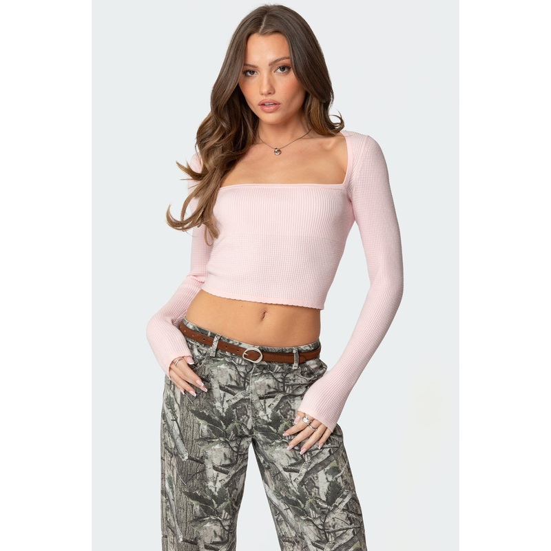 Square Neck Knit Top LIGHT PINK XS