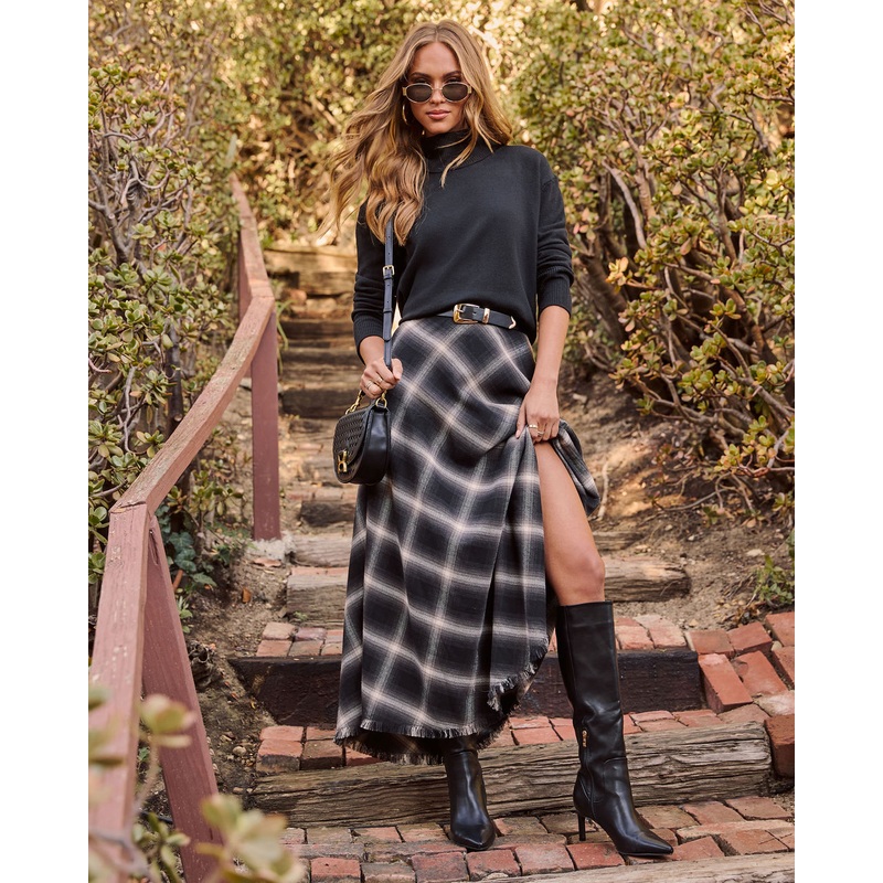 Woodland Plaid Midi Skirt Black Multi XS
