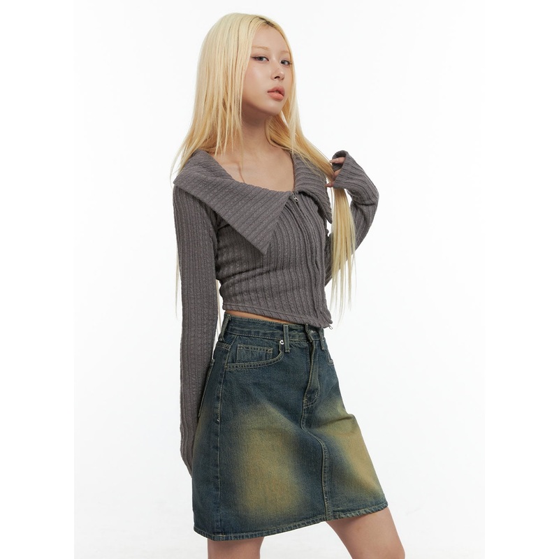 Zipper Chic Collared Crop Top CO415 Dark beige S/M