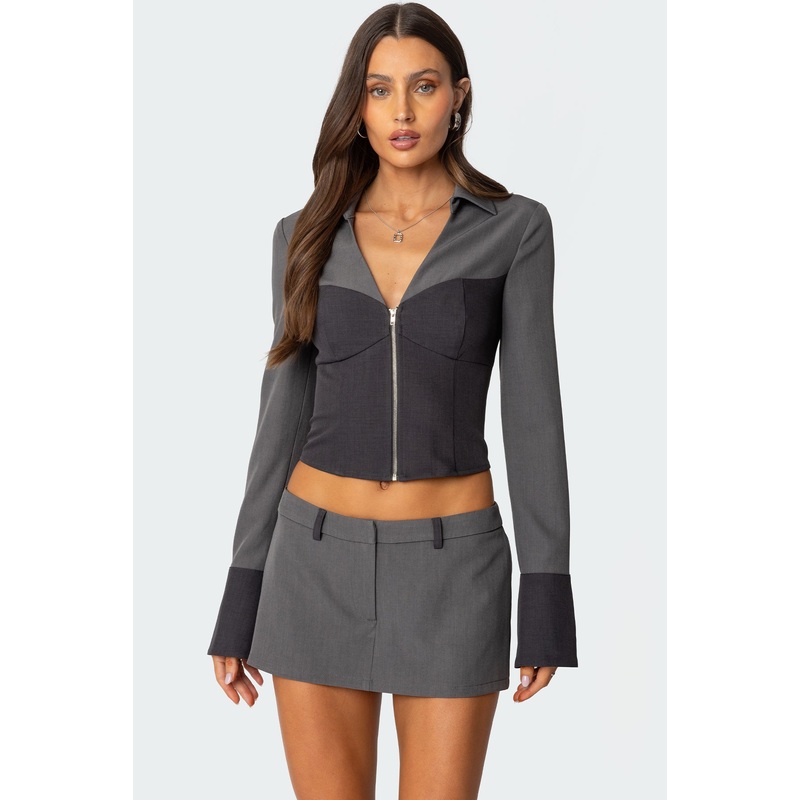 Angela Tailored Zip Up Top GRAY XS