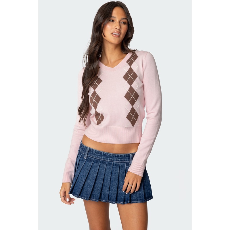 Argyle V Neck Knit Sweater LIGHT PINK XS