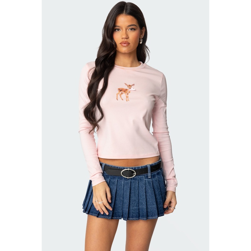 Bambi Bow Long Sleeve Top LIGHT PINK XS