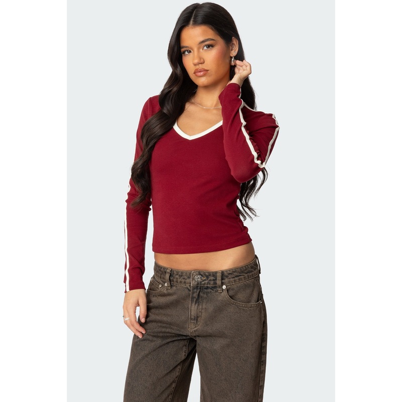 Contrast V Neck Long Sleeve T Shirt BURGUNDY XS