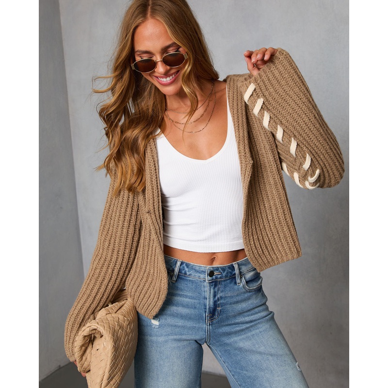 Daylight Dim Contrast Lace Open Front Sweater Sand XS