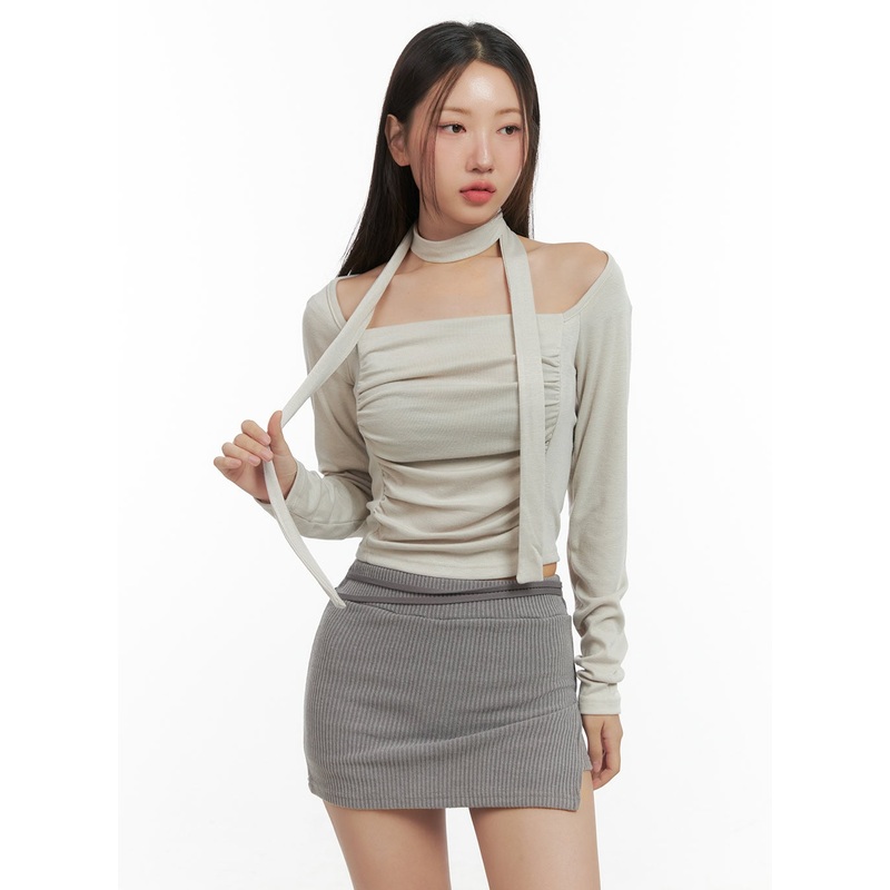 Shirred Square Neck Crop Top CO417 Beige S/M