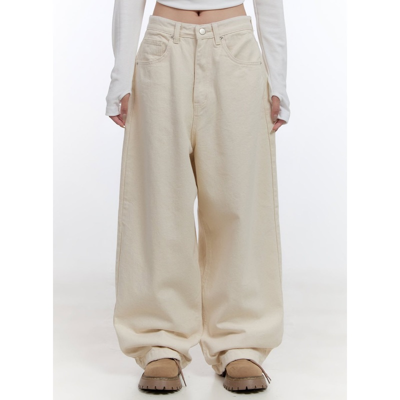 Solid Comfort Wide-Leg Trousers CO418 Light beige S