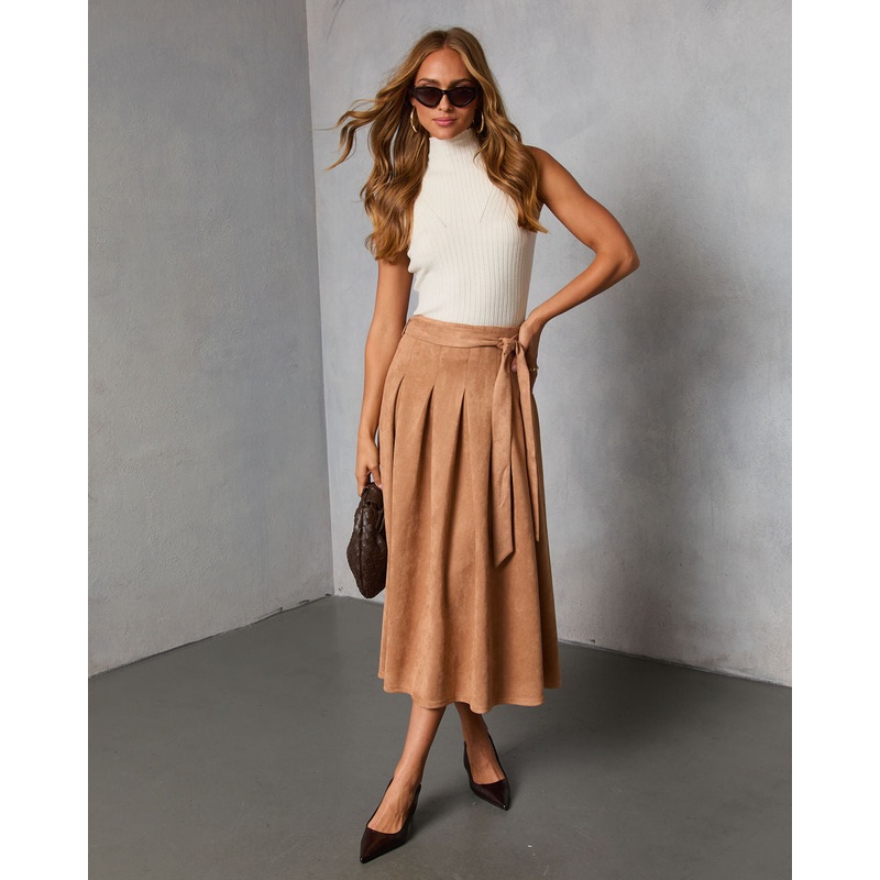 Table Ready Suede Waist Tie Pleated Midi Skirt Camel S