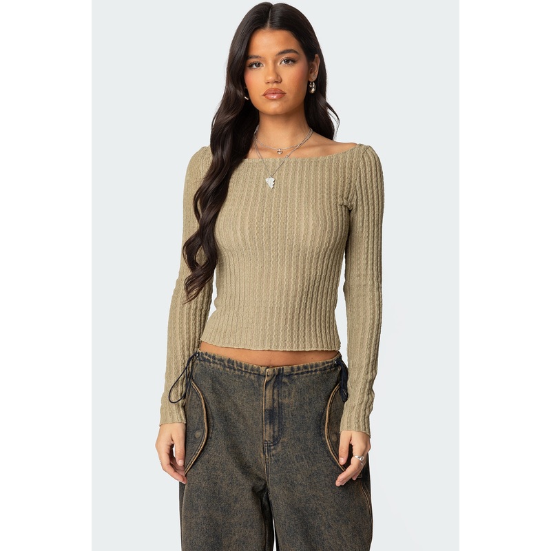 Textured Sheer Boat Neck Top OLIVE XS