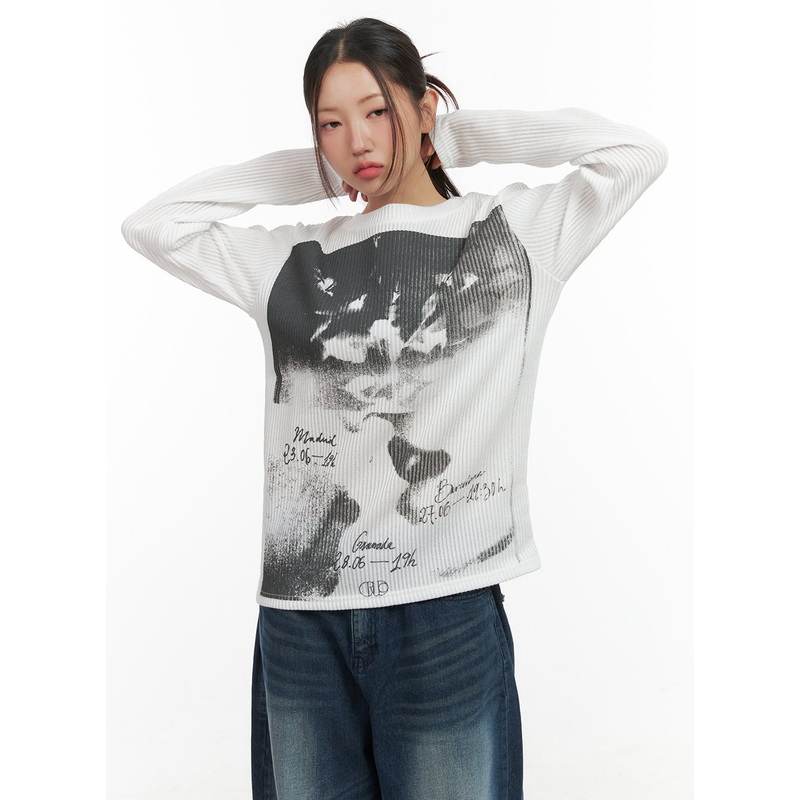 Vintage Print Long Sleeve Shirt CO417 Light beige S/M