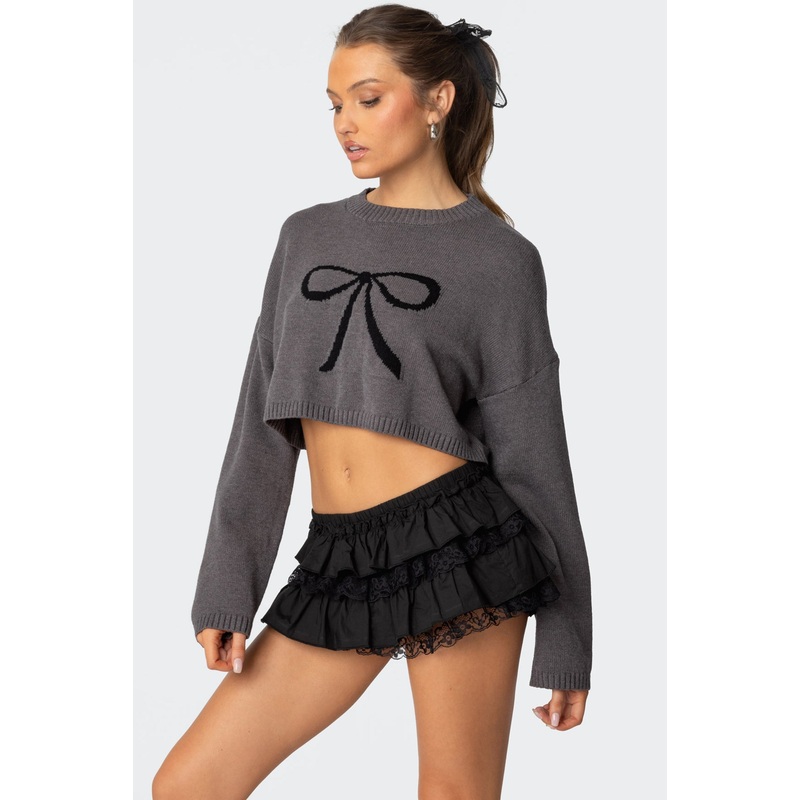 Knit Bow Cropped Sweater GRAY XS