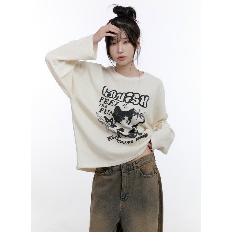 Oversized Graphic Long Sleeve T-Shirt CO418 Light beige M/L