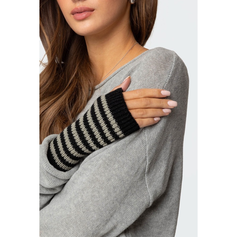 Striped Knit Fingerless Gloves BLACK AND GRAY OS