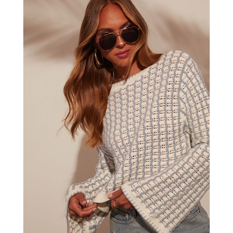 Amani Wide Sleeve Gingham Pullover Blue/Ivory XS