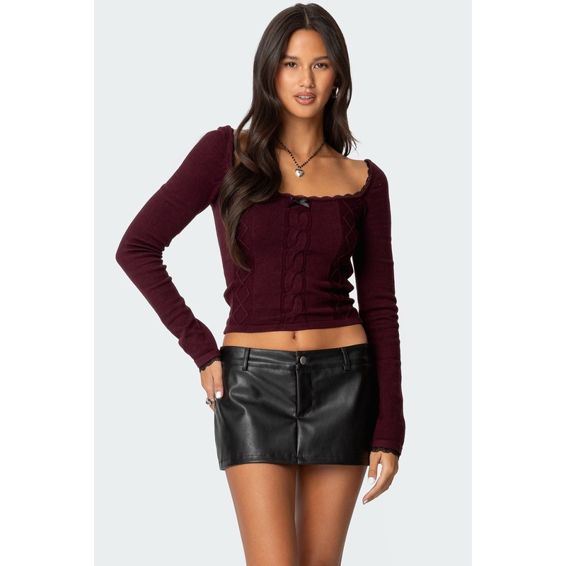 Ansley Lacey Cable Knit Top BURGUNDY XS