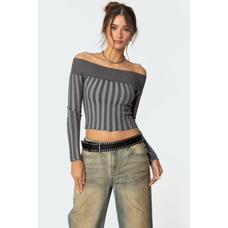 Daren Off Shoulder Knit Top DARK GRAY XS