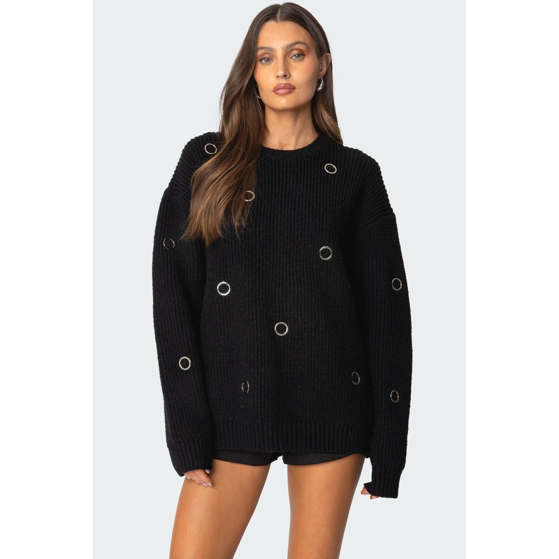 Ellia Grommet Oversized Sweater BLACK XS