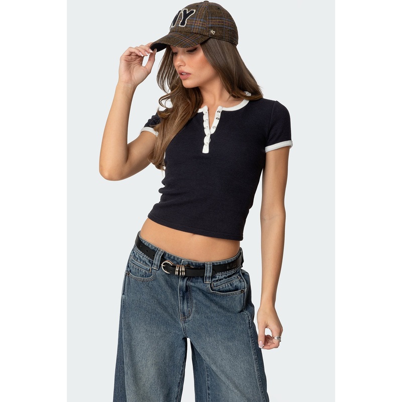 Gillian Henley Waffle Top NAVY XS