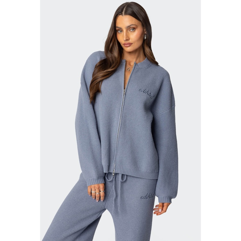 Kris Ribbed Knit Zip Up Sweater BLUE XS