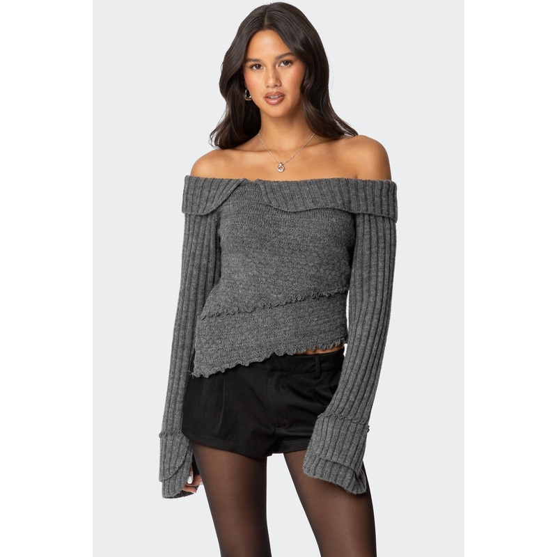 Mikkie Asymmetric Fold Over Knit Top DARK GRAY XS