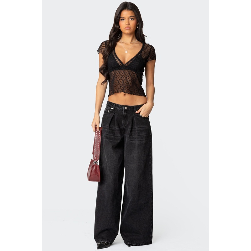 Pleated Detail Low Rise Jeans BLACK XS