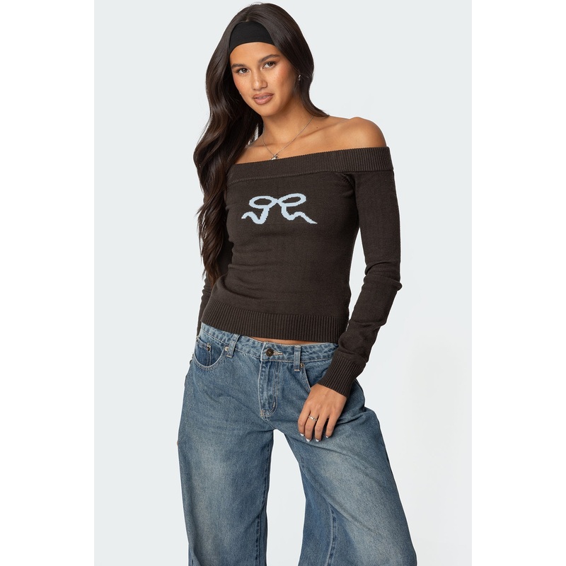 Tj Off Shoulder Knit Bow Top DARK GRAY XS